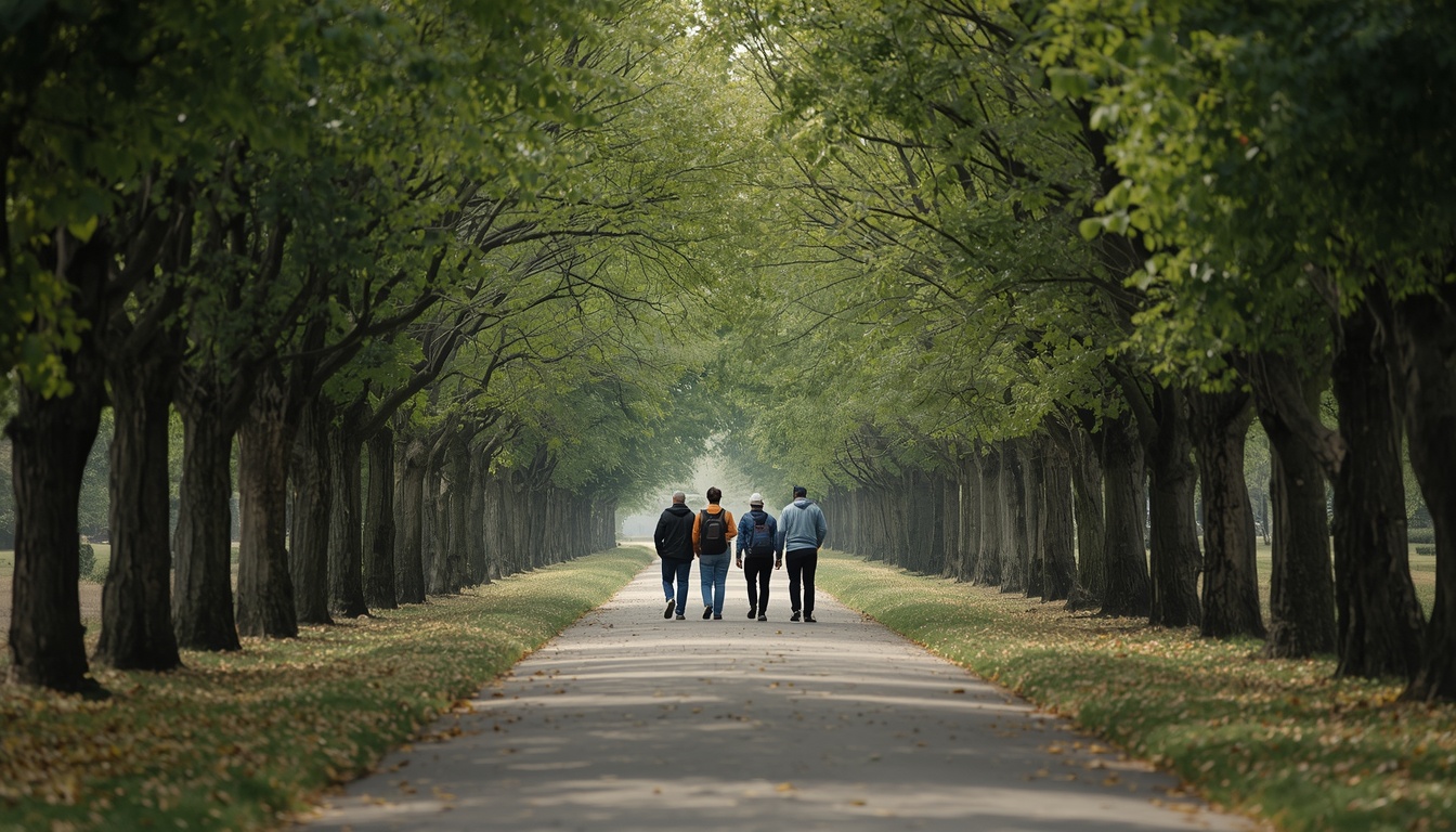 Tendonnature group walking through a tree-lined park path