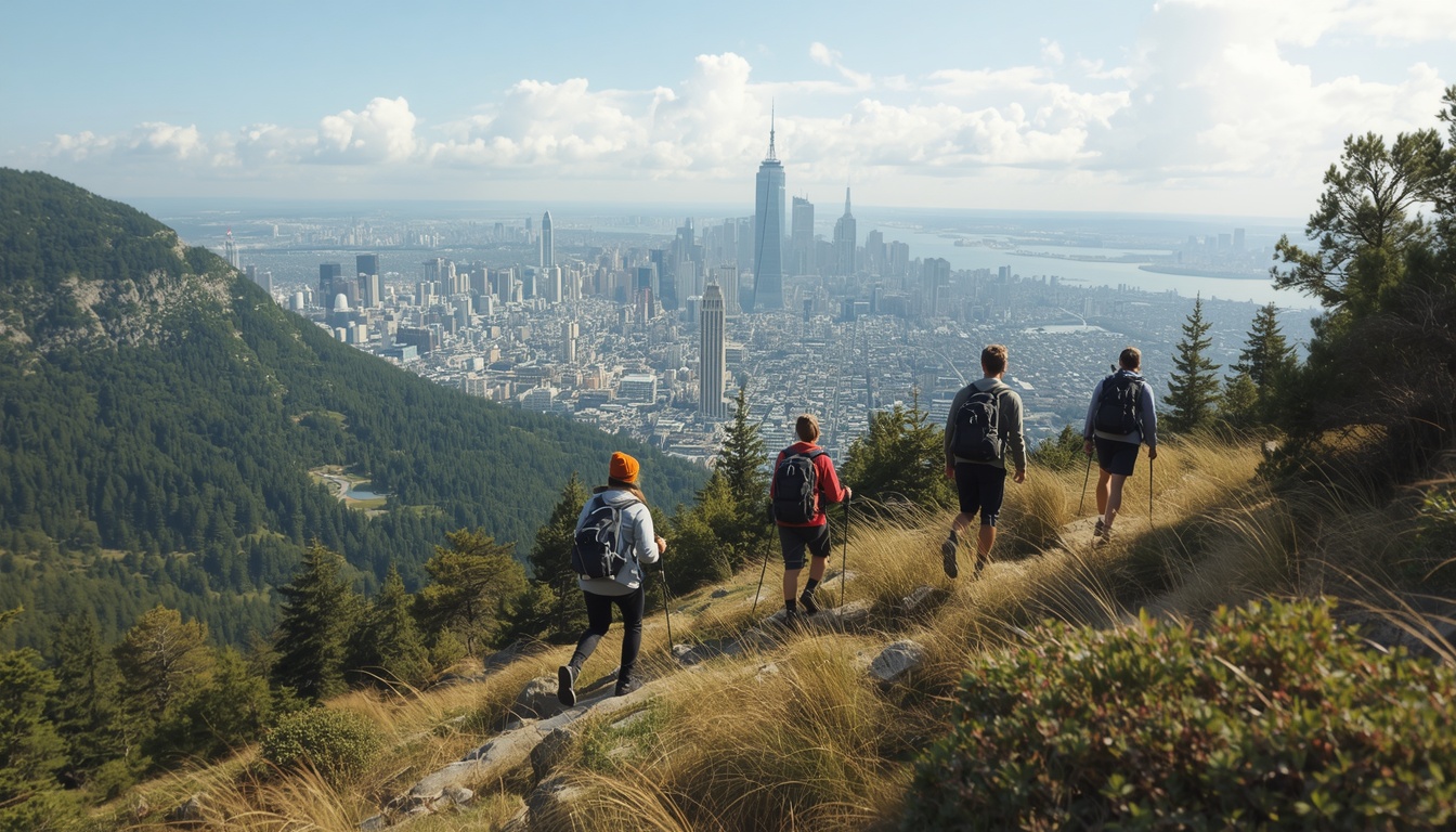 Tendonnature group hiking a scenic trail with city skyline