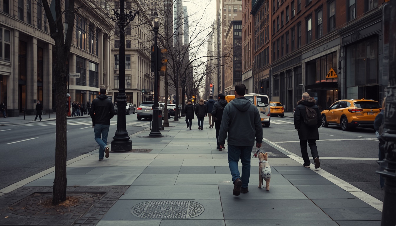 Tendonnature walkers on Broadway sidewalk in Manhattan